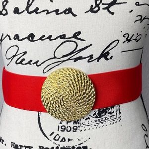 Vintage Pat Pend Red Stretch Waist Belt Featuring Large Round Gold Tone Buckle